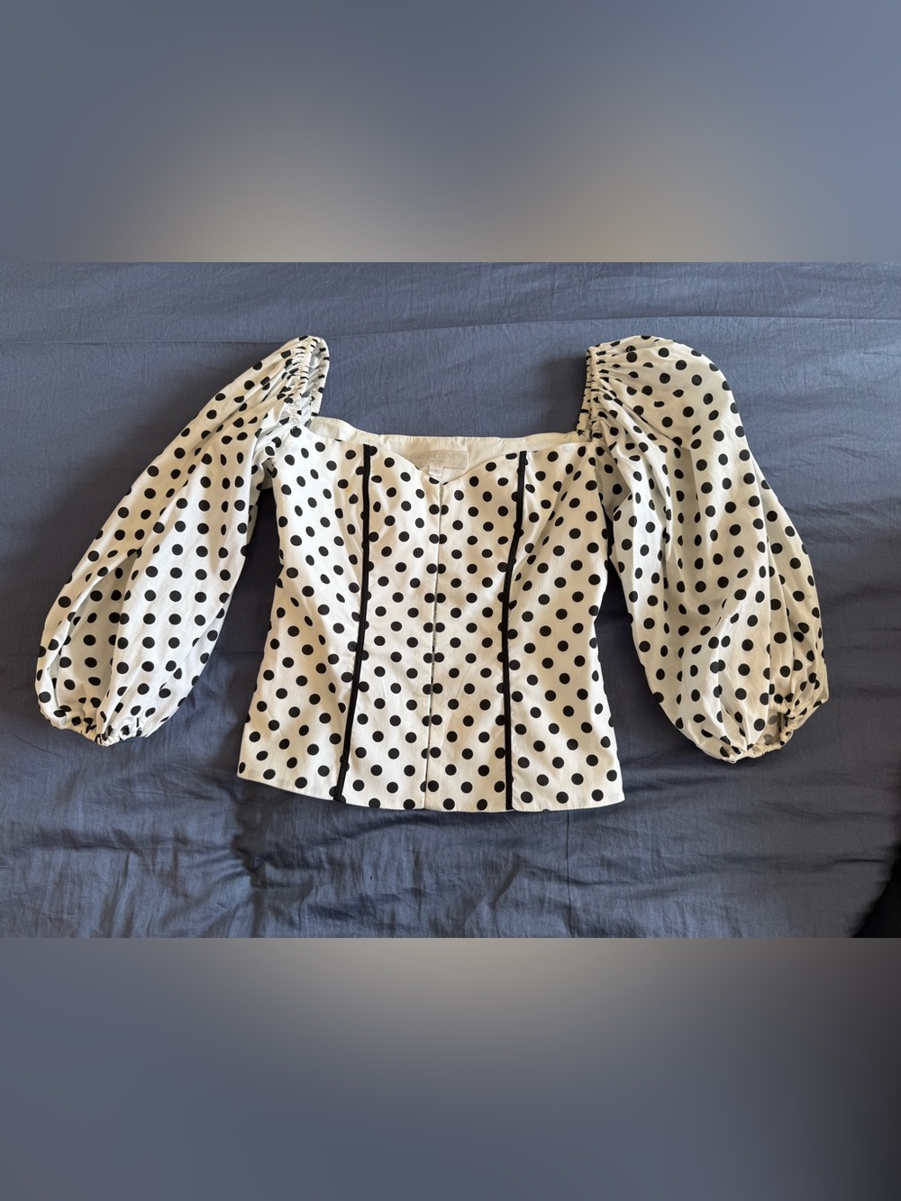 Caroline Constas Black-And-White Polkadot Bustier Top With Puff Sleeves